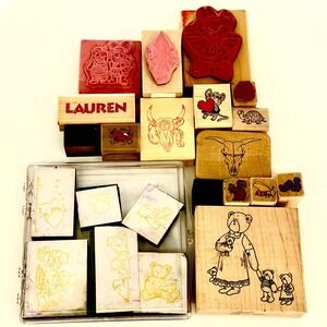 Lot of 22 Rubber Stamps Teddy Bears Love Buffalo Skull Mouse Turtle Squirrel Bee